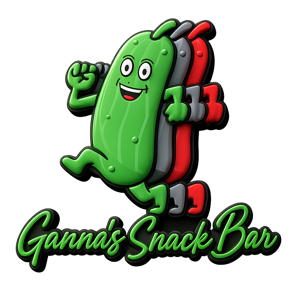 Ganna's Snack Bar mascot: a smiling pickle running in a tracksuit